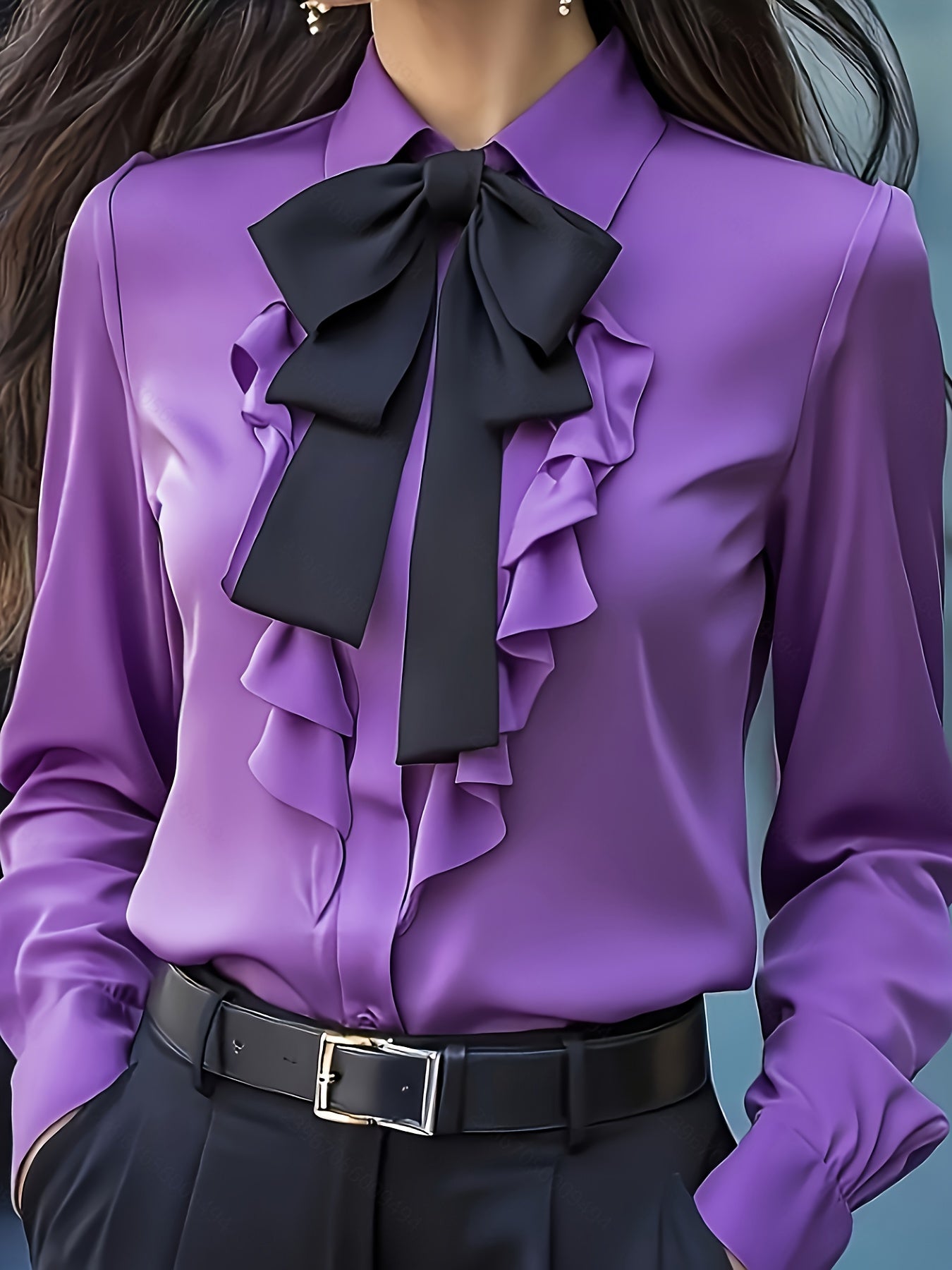 Dwyna - Blusa De Manga Larga Con Botones y Lazo Con Volantes