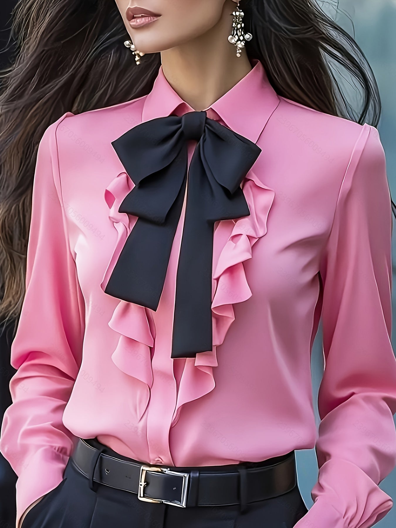 Dwyna - Blusa De Manga Larga Con Botones y Lazo Con Volantes