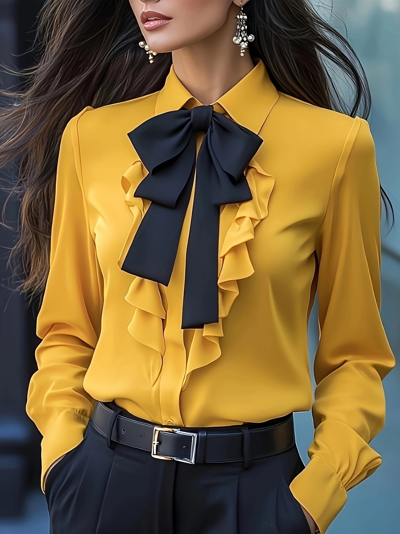 Dwyna - Blusa De Manga Larga Con Botones y Lazo Con Volantes