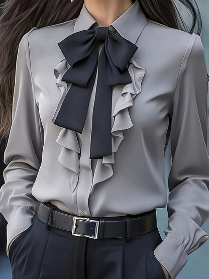 Dwyna - Blusa De Manga Larga Con Botones y Lazo Con Volantes