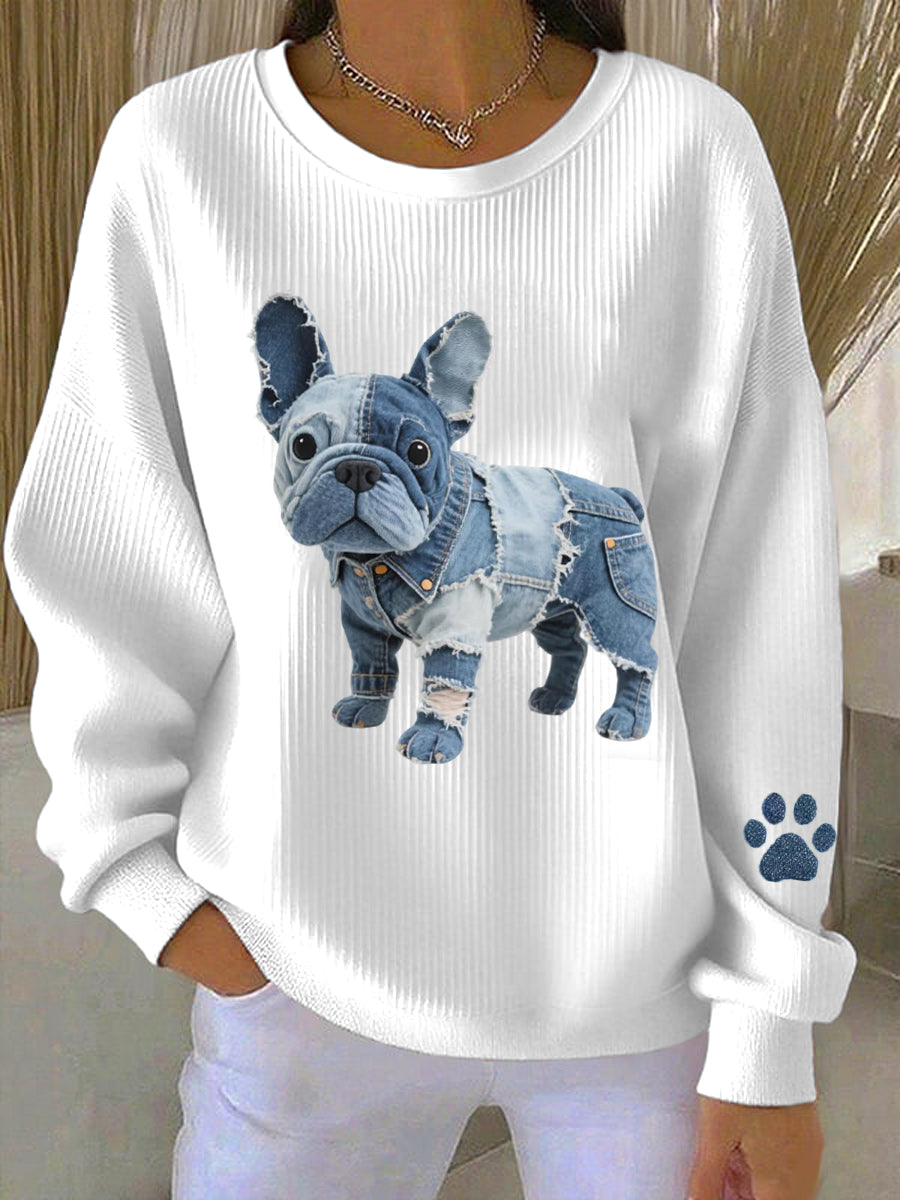 Rosa - Sudadera de mujer con patchwork de denim estilo bulldog francés