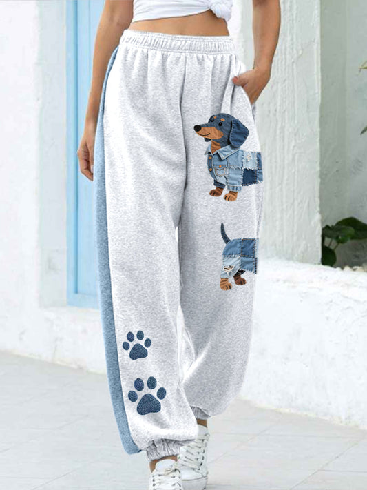 Canela - Jeans para damas con patchwork y patrón de dachshund