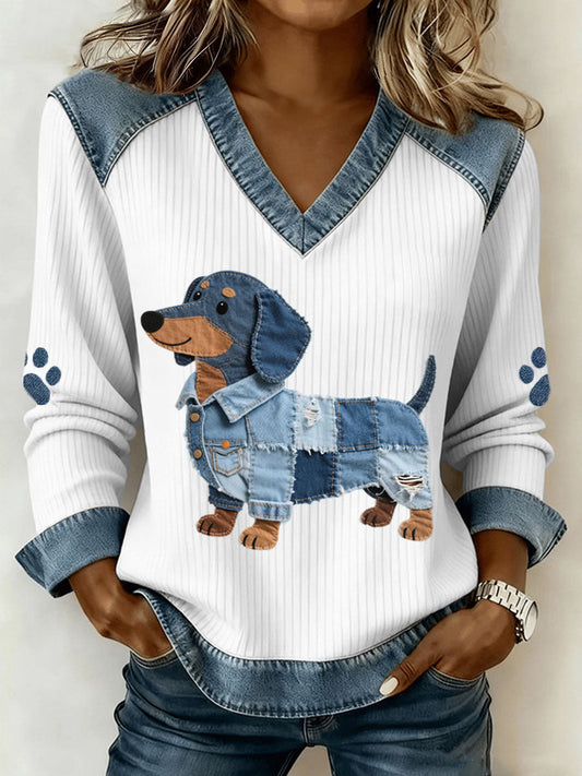 Sombra - Encantador dachshund para damas con patchwork de denim artístico y cuello en V